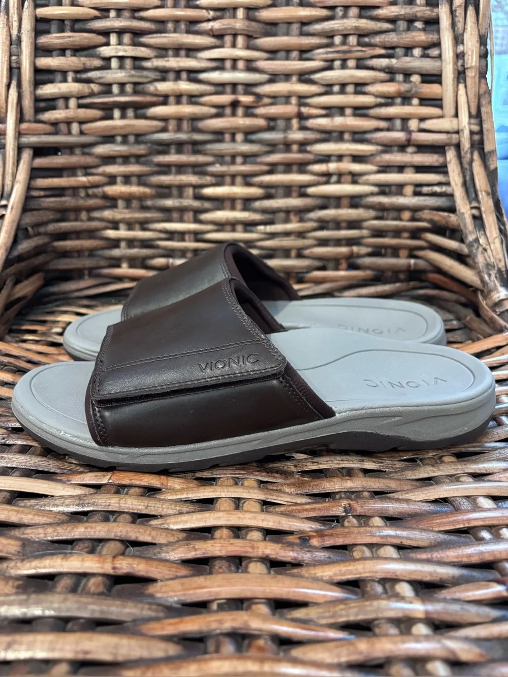 Vionic Brown Slides Sandals with Light Gray Footbed size 9. Great condition